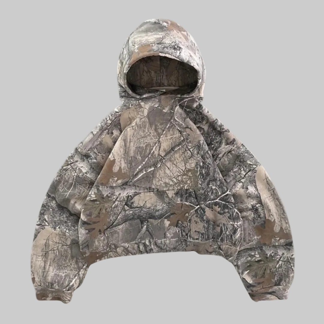 Damska Bluza z Kapturem we Wzorze Moro z Długimi Rękawami i Ściągaczami