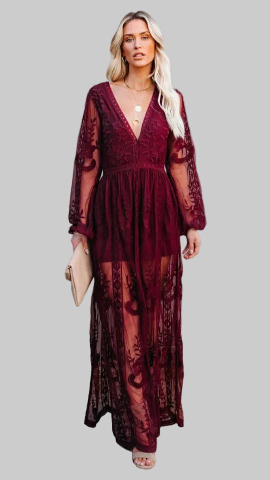 Damska Długa Sukienka z Koronkową Powierzchnią Głębokim Dekoltem V i Rozcięciem z Przodu