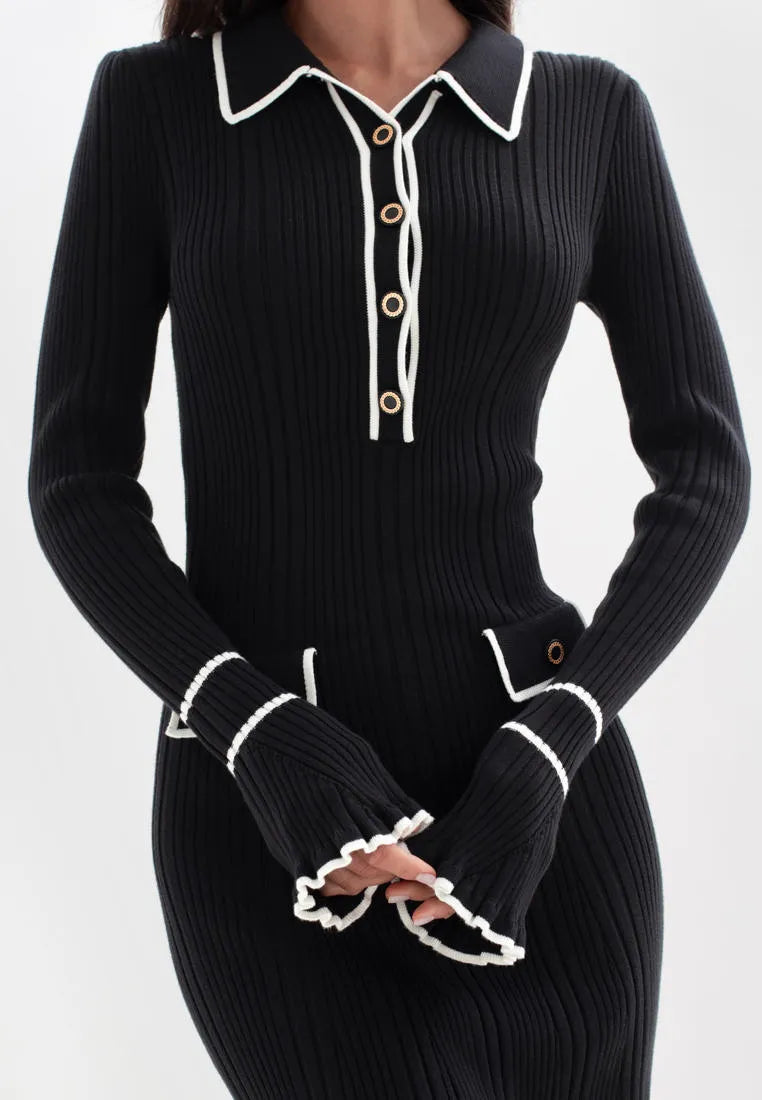 Damska Dzianinowa Sukienka Midi z Kołnierzykiem Polo Kontrastowymi Lamówkami i Rozszerzanymi Mankietami