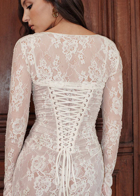 Damska Koronkowa Sukienka Maxi z Gorsetowym Wiązaniem na Plecach i Długimi Rękawami