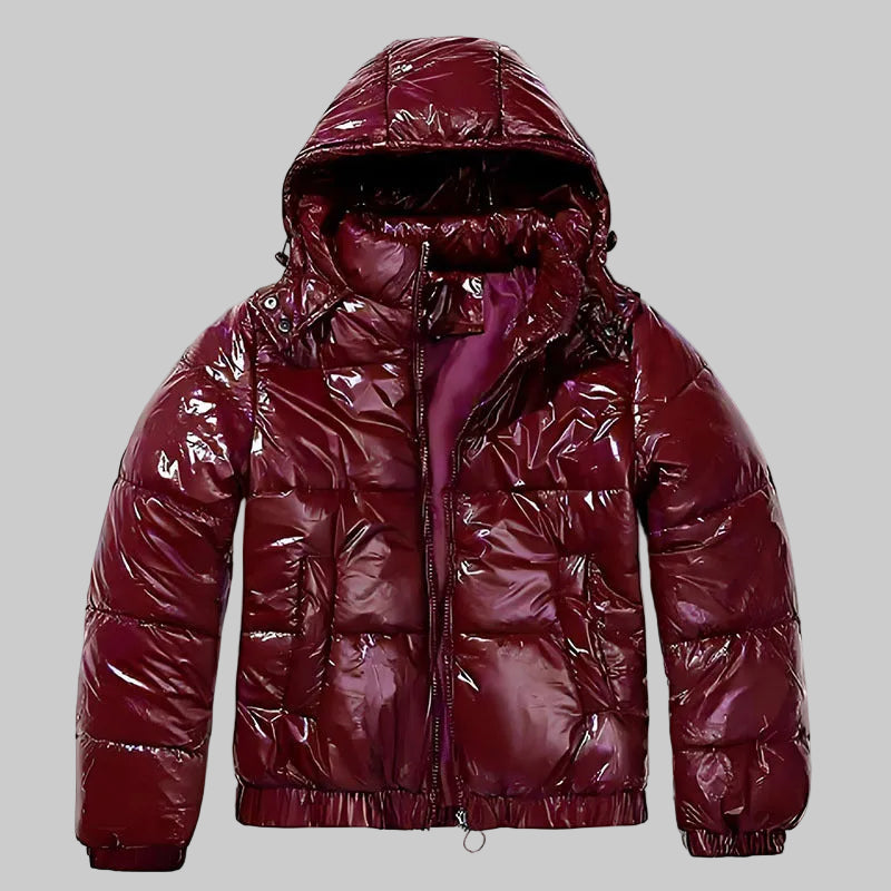 Damska Krótka Kurtka Puchowa z Kapturem i Błyszczącą Powierzchnią