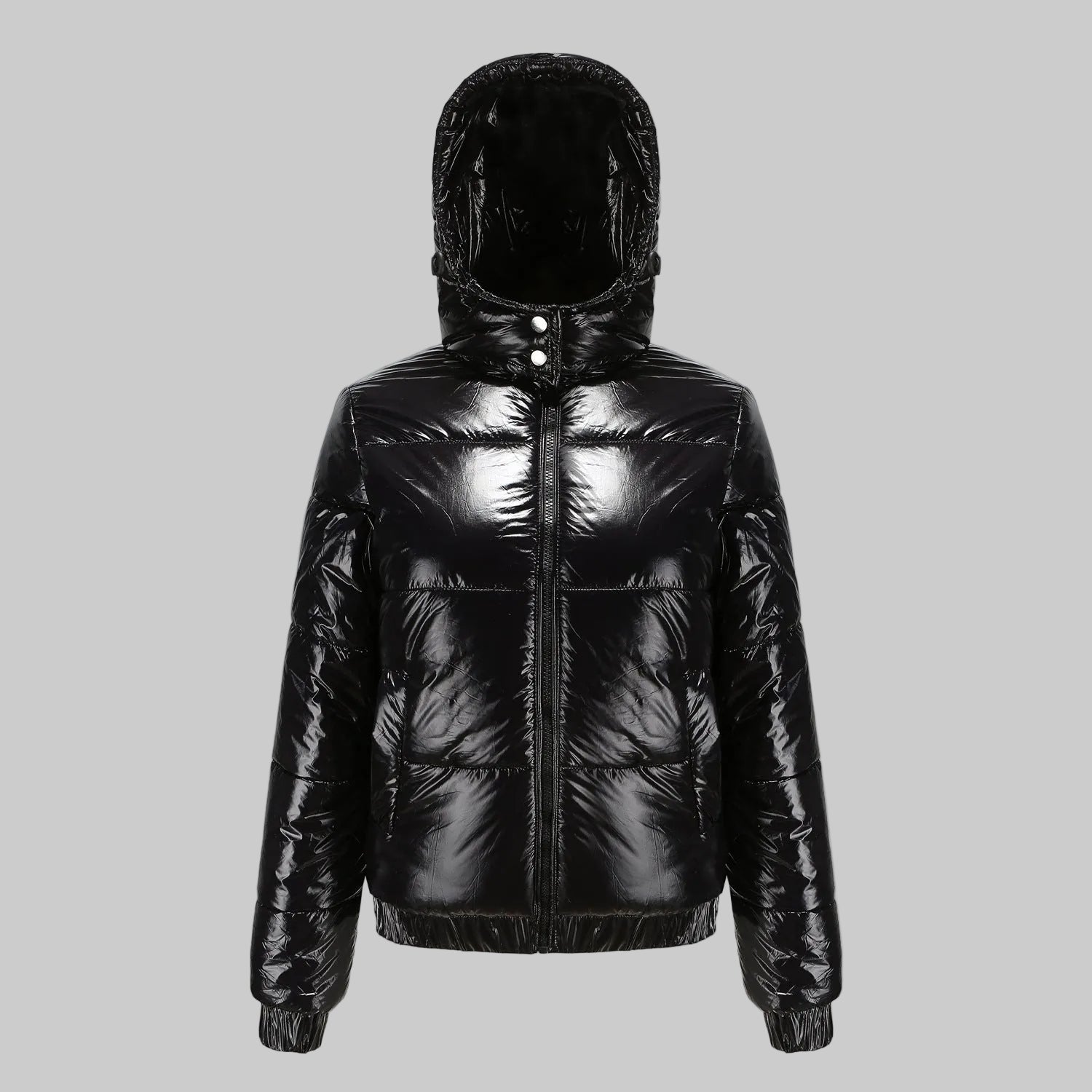 Damska Krótka Kurtka Puchowa z Kapturem i Błyszczącą Powierzchnią