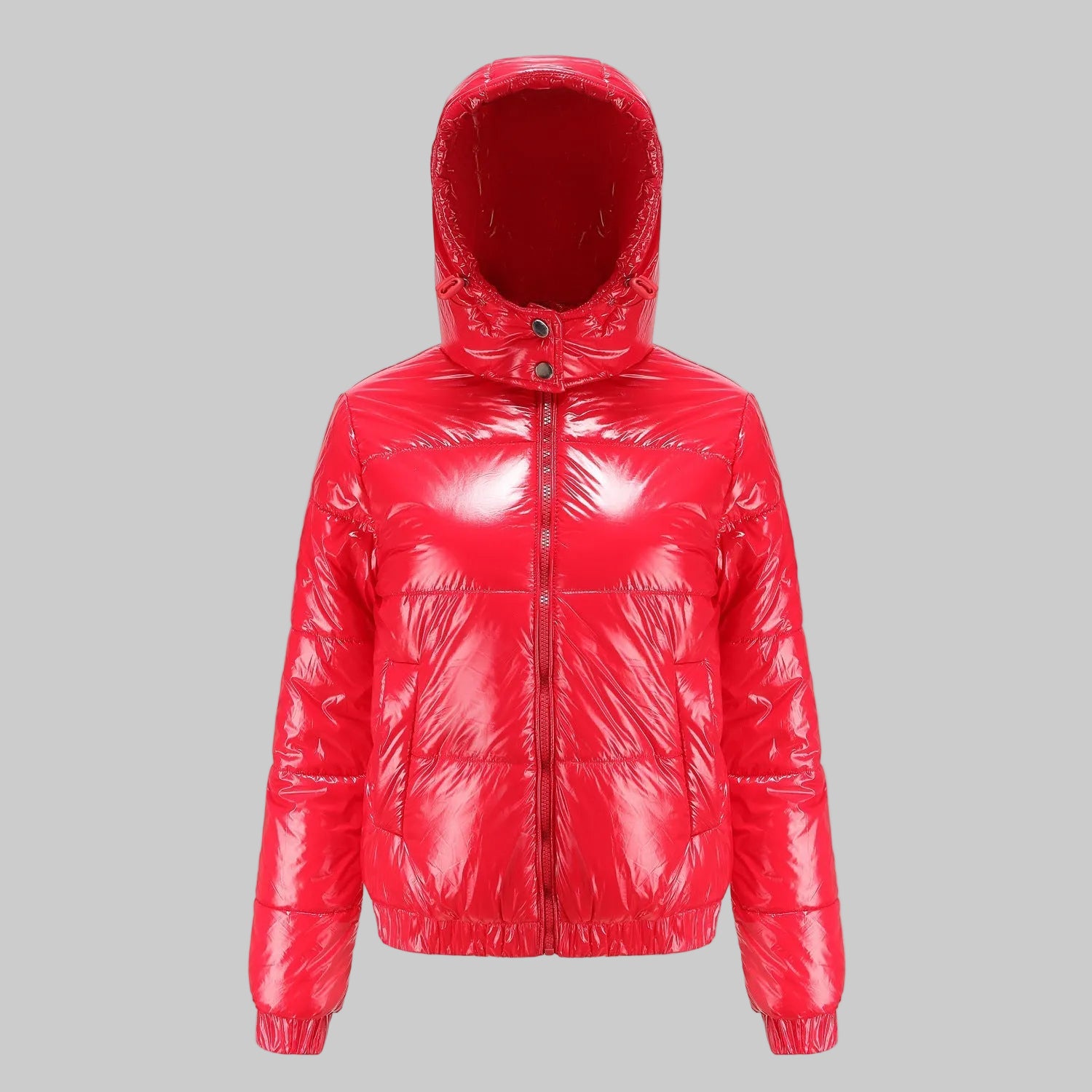 Damska Krótka Kurtka Puchowa z Kapturem i Błyszczącą Powierzchnią