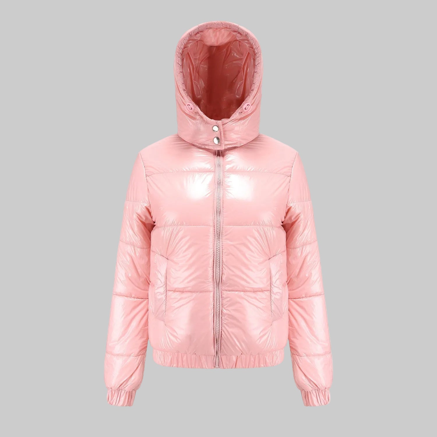 Damska Krótka Kurtka Puchowa z Kapturem i Błyszczącą Powierzchnią