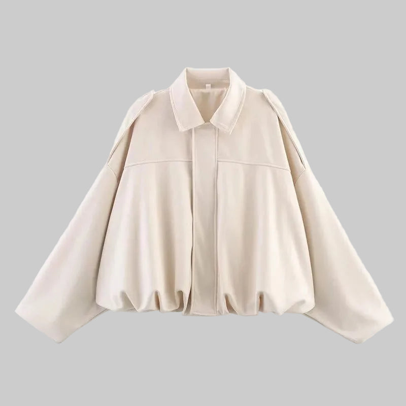 Damska Krótka Kurtka z Kołnierzem i Długimi Rękawami z Ukrytym Zapięciem