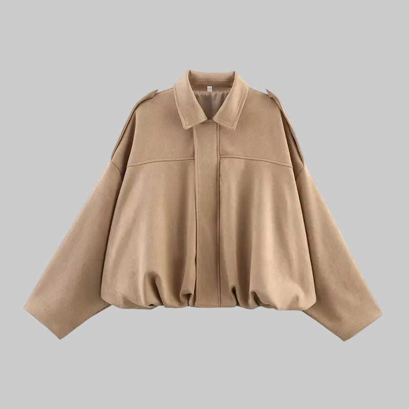 Damska Krótka Kurtka z Kołnierzem i Długimi Rękawami z Ukrytym Zapięciem