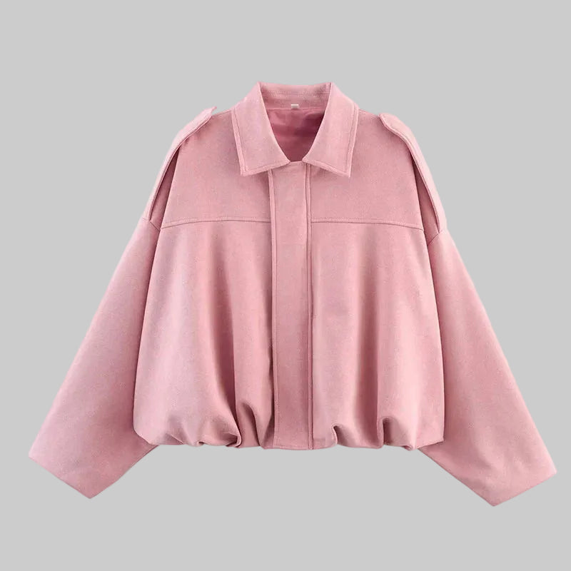 Damska Krótka Kurtka z Kołnierzem i Długimi Rękawami z Ukrytym Zapięciem