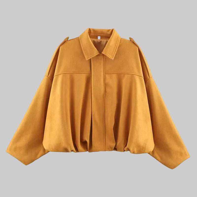 Damska Krótka Kurtka z Kołnierzem i Długimi Rękawami z Ukrytym Zapięciem