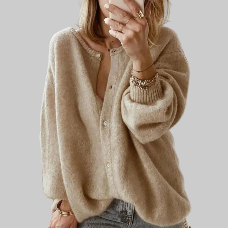 Damska Kurtka Kardigan z Okrągłym Dekoltem z Zapięciem na Guziki i Prążkowanymi Mankietami