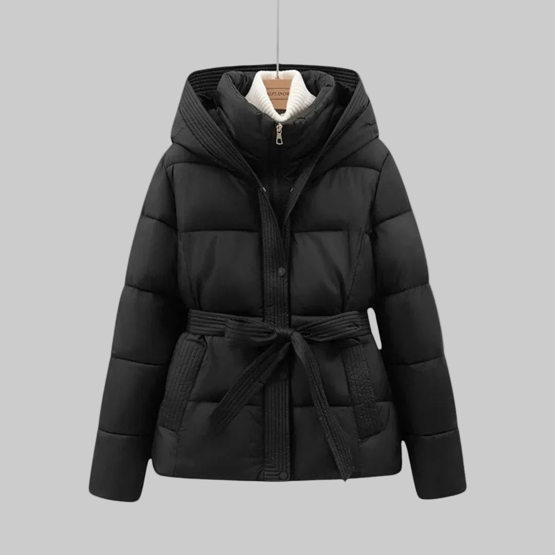Damska Kurtka Puchowa z Kapturem Paskiem w Talii i Wysokim Kołnierzem