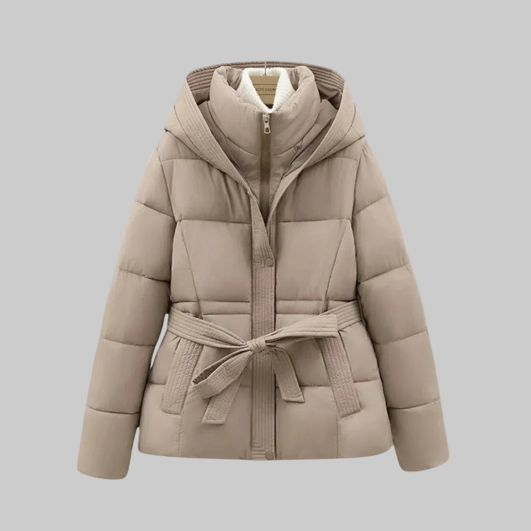 Damska Kurtka Puchowa z Kapturem Paskiem w Talii i Wysokim Kołnierzem
