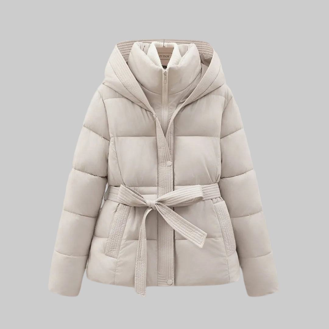 Damska Pikowana Kurtka z Kapturem z Paskiem w Talii i Podwójnym Zapięciem