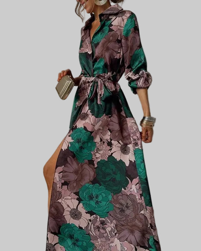 Damska Sukienka Koszulowa Maxi w Kwiaty z Kołnierzykiem i Paskiem