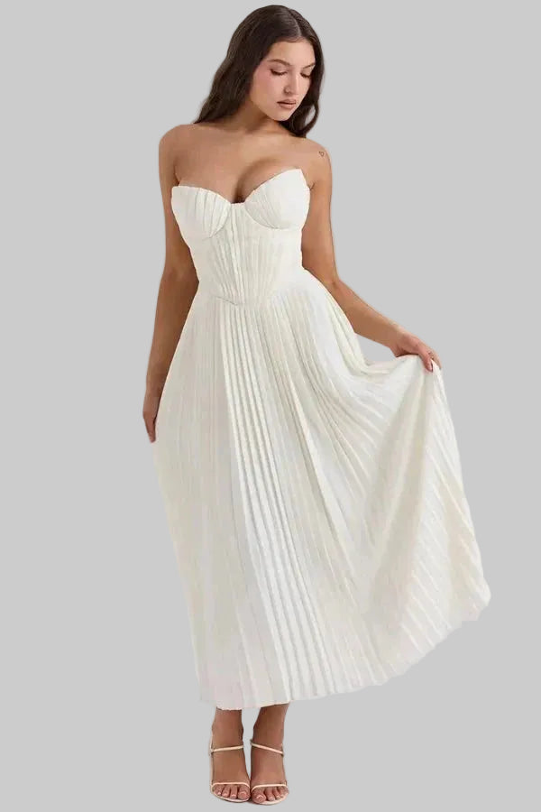 Damska Sukienka Maxi bez Ramiączek z Gorsetową Górą i Plisowaną Spódnicą