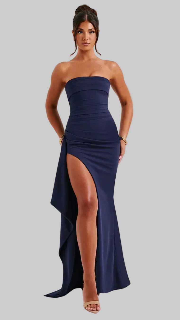 Damska Sukienka Maxi Bez Ramiączek z Marszczeniami i Falbaną