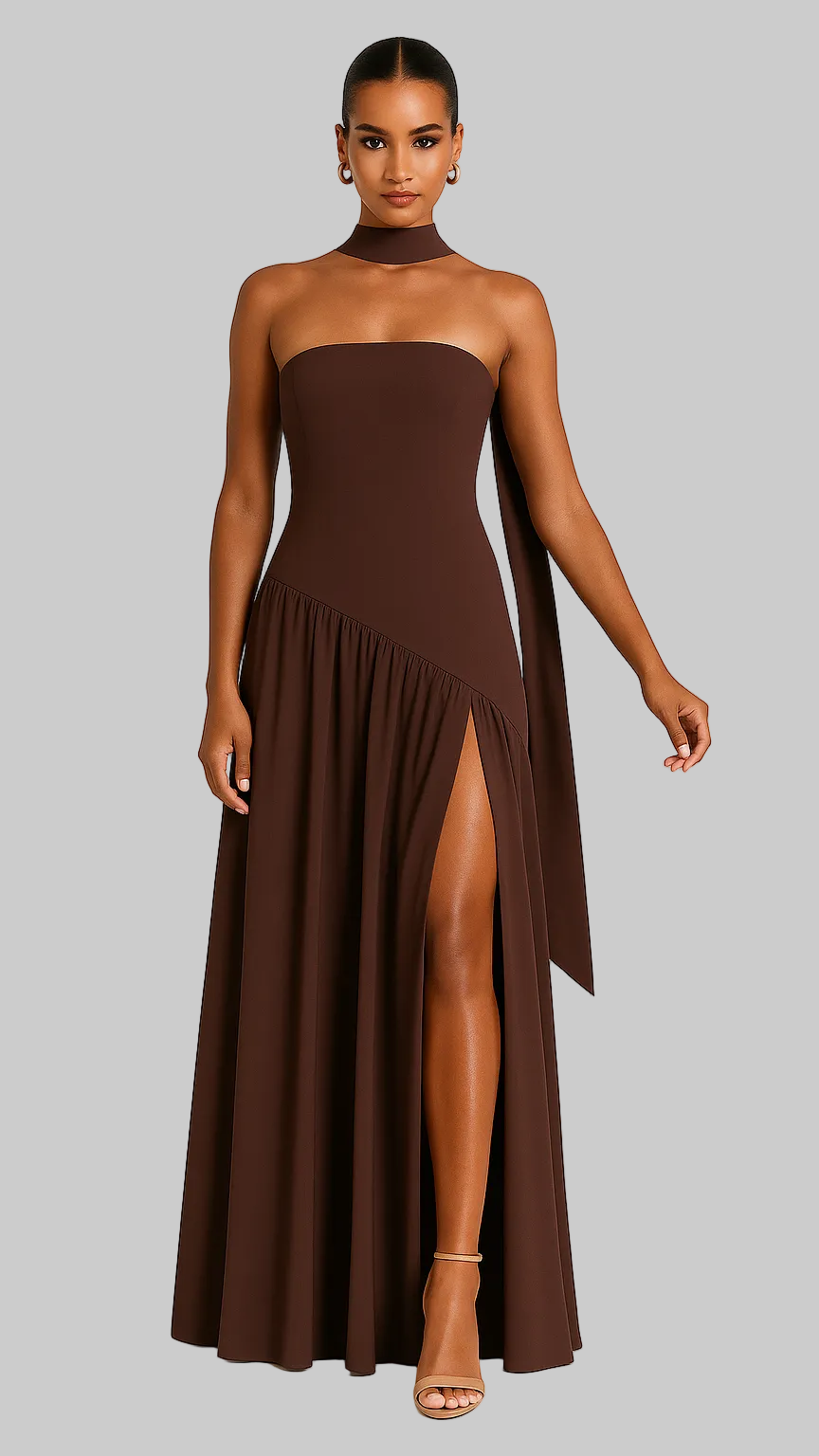 Damska Sukienka Maxi Bez Ramiączek z Wysokim Rozcięciem i Szarfą na Szyję