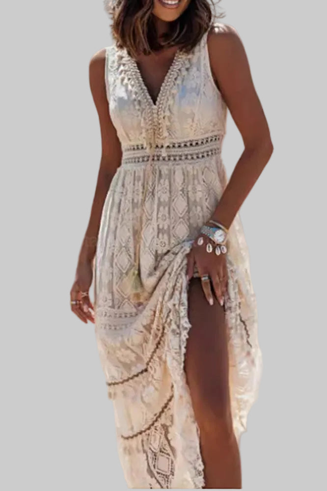 Damska Sukienka Maxi bez Rękawów z Dekoltem V Ażurowymi Panelami i Warstwową Spódnicą