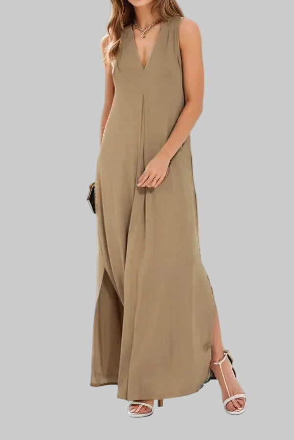 Damska Sukienka Maxi bez Rękawów z Głębokim Dekoltem V i Rozcięciem