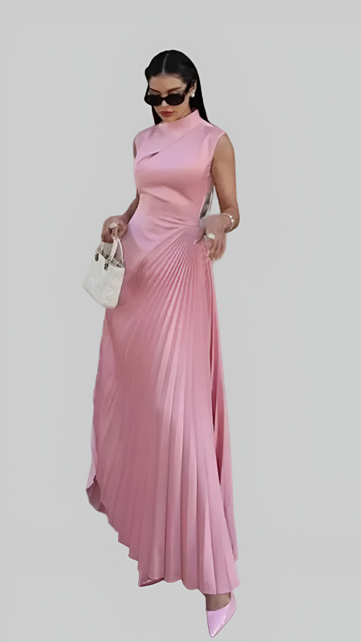 Damska Sukienka Maxi Bez Rękawów z Wysokim Dekoltem z Drapowaniem i Asymetrycznymi Plisami