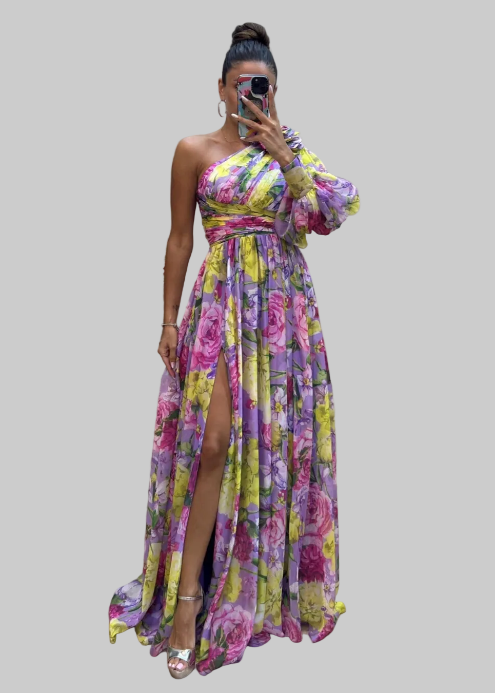 Damska Sukienka Maxi na Jedno Ramię z Bufiastym Rękawem z Rozcięciem na Nogę w Kwiatowy Wzór