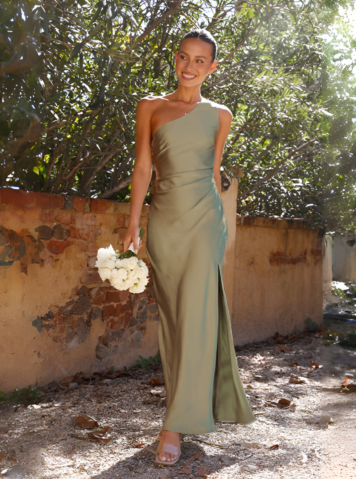 Damska Sukienka Maxi na Jedno Ramię z Marszczeniami i Rozcięciem z Przodu