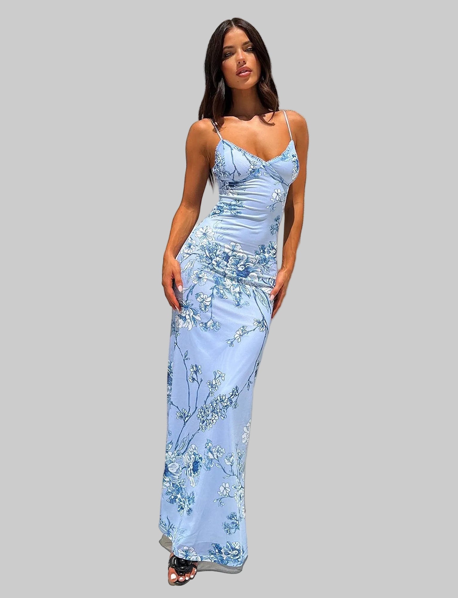 Damska Sukienka Maxi na Ramiączkach z Dekoltem V i Kwiatowym Nadrukiem