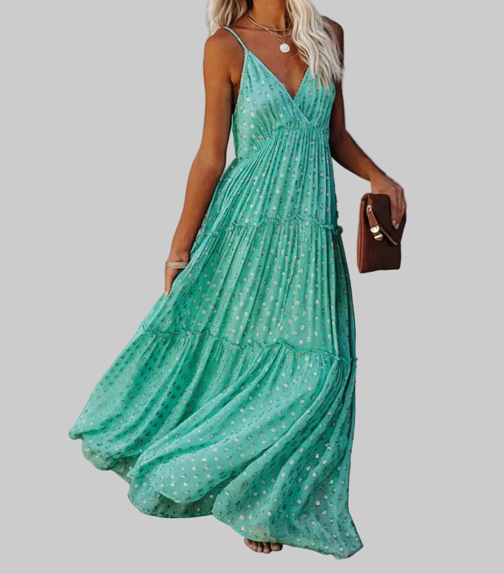 Damska Sukienka Maxi na Ramiączkach z Dekoltem V i Warstwowymi Falbanami w Drobny Wzór