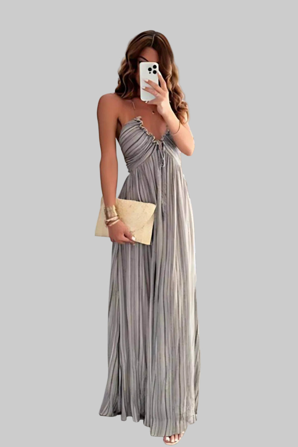 Damska Sukienka Maxi na Ramiączkach z Dekoltem V z Marszczeniem na Biuście i Plisowaną Spódnicą