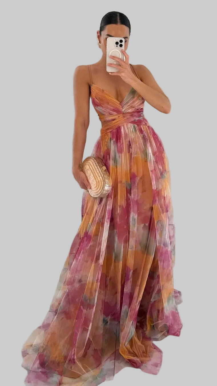 Damska Sukienka Maxi na Ramiączkach z Dekoltem V z Wycięciem w Talii i Kwiatowym Wzorem