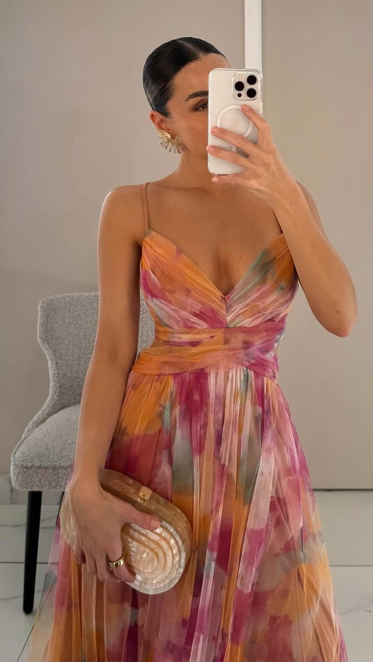 Damska Sukienka Maxi na Ramiączkach z Dekoltem V z Wycięciem w Talii i Kwiatowym Wzorem