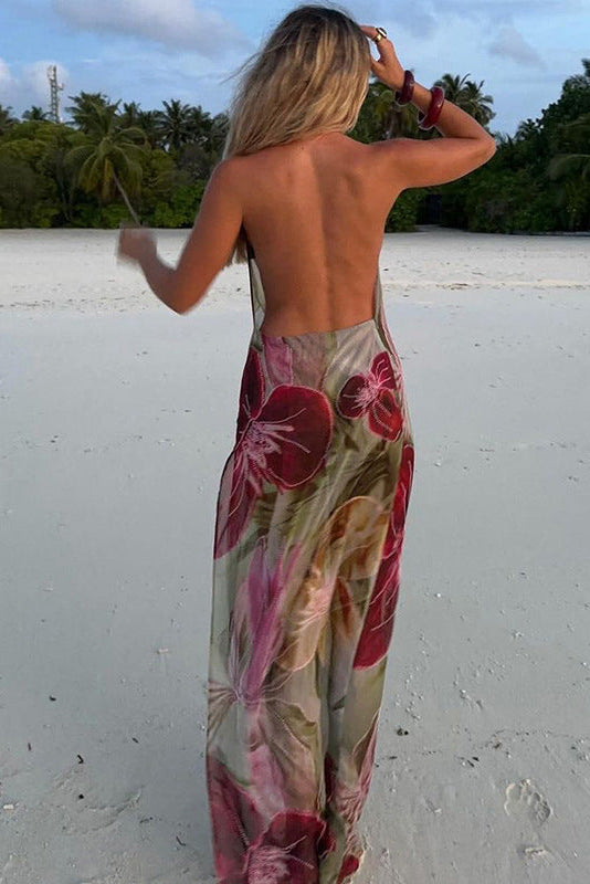 Damska Sukienka Maxi na Ramiączkach z Kwiatowym Wzorem i Rozcięciem