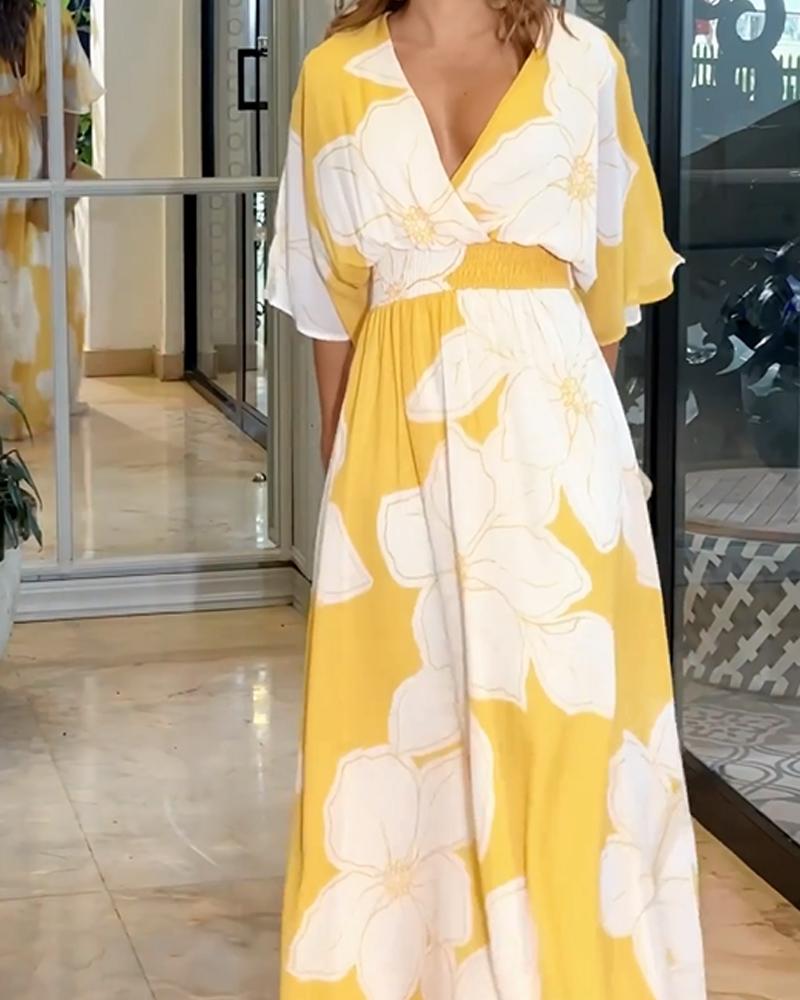 Damska Sukienka Maxi w Kwiaty z Głębokim Dekoltem V i Szerokimi Rękawami