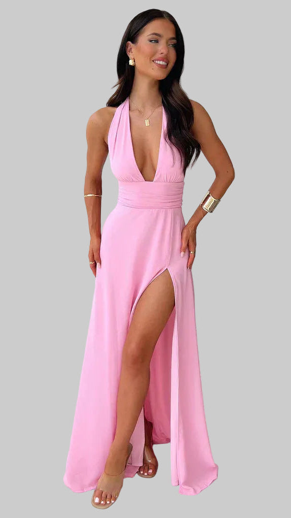 Damska Sukienka Maxi z Dekoltem Halter Głębokim Wycięciem V i Wysokim Rozcięciem