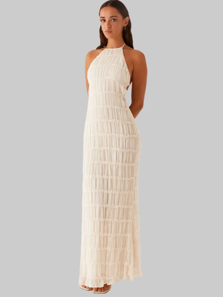 Damska Sukienka Maxi z Dekoltem Halter z Marszczonymi Fałdami i Odkrytymi Plecami