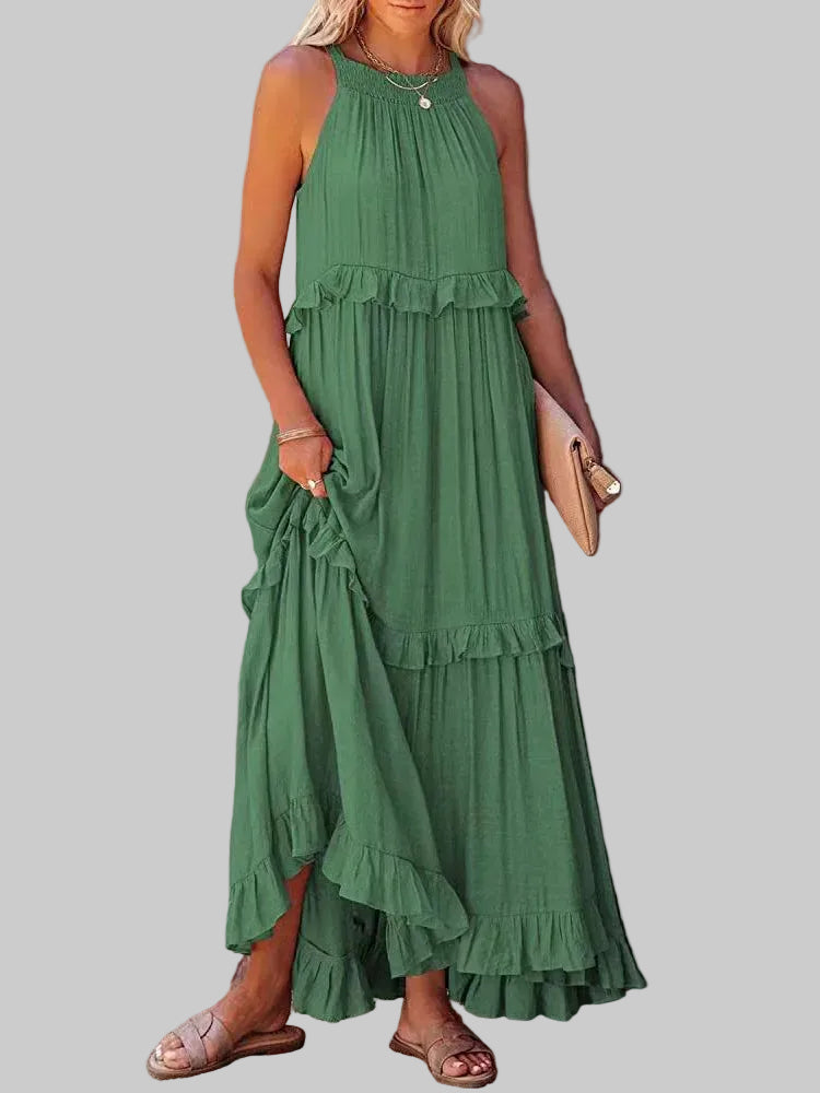 Damska Sukienka Maxi z Dekoltem Typu Halter i Falbanami