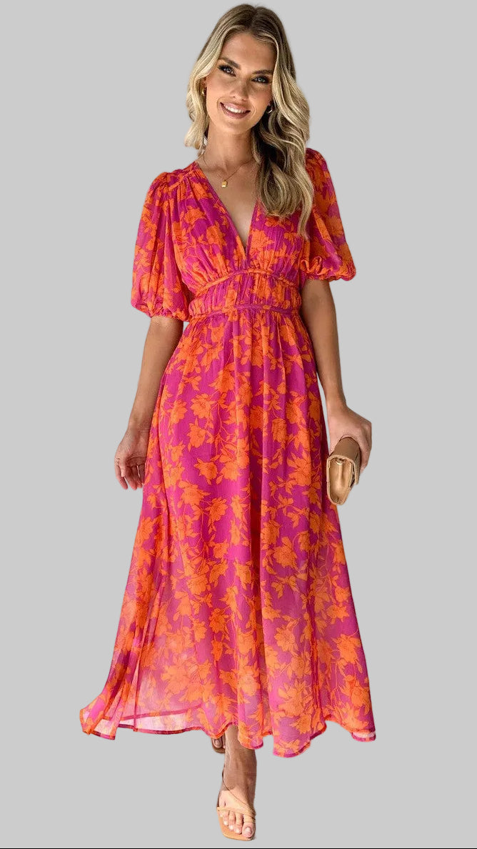 Damska Sukienka Maxi z Dekoltem V Bufiastymi Rękawami i Kwiatowym Wzorem