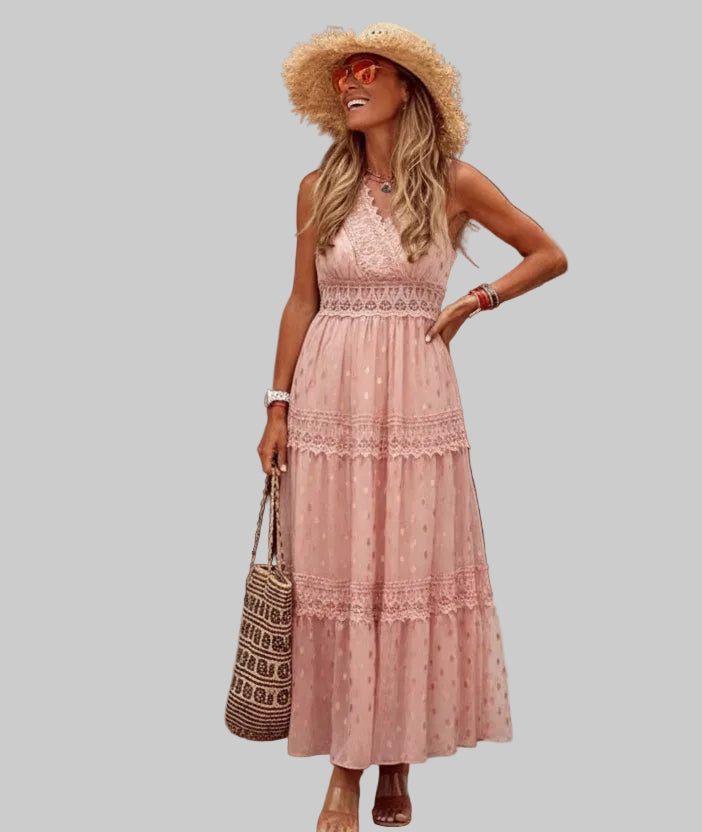 Damska Sukienka Maxi z Dekoltem V z Koronkowymi Wstawkami i Wzorem w Kropki