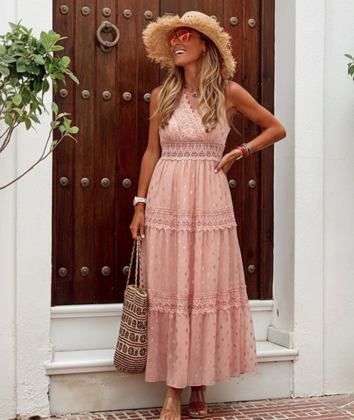 Damska Sukienka Maxi z Dekoltem V z Koronkowymi Wstawkami i Wzorem w Kropki