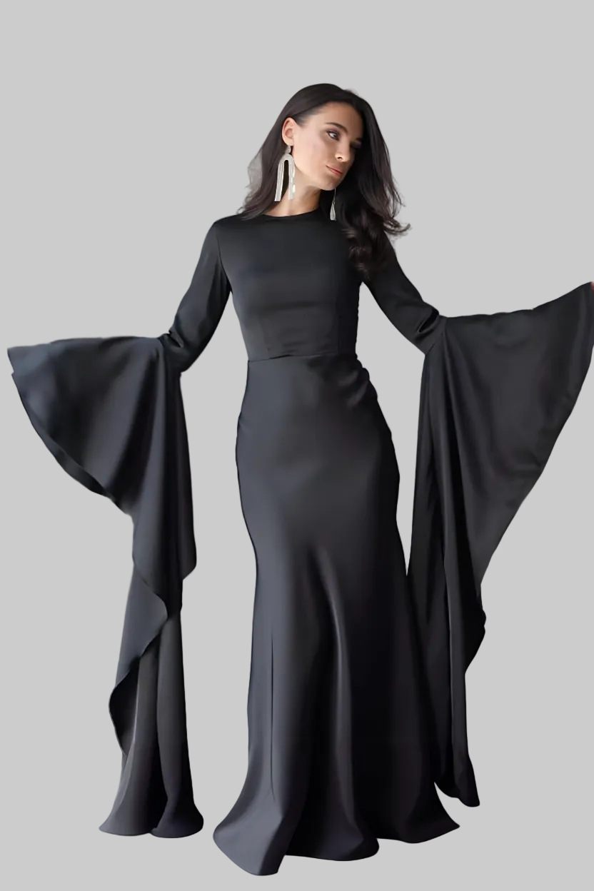 Damska Sukienka Maxi z Długimi Dzwonowymi Rękawami i Okrągłym Dekoltem