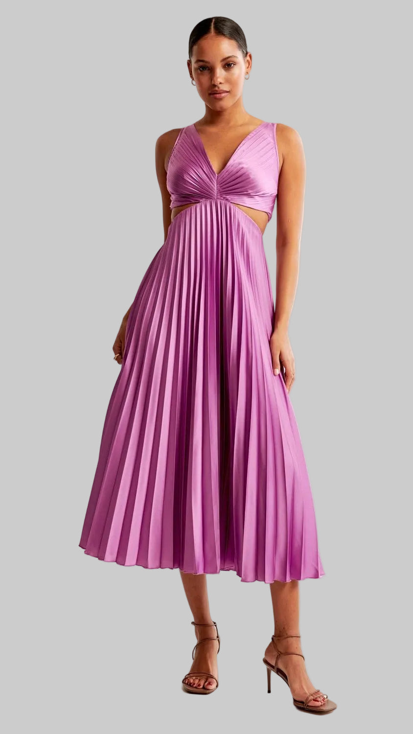 Damska Sukienka Maxi z Głębokim Dekoltem V z Wycięciami w Talii i Plisowaną Spódnicą