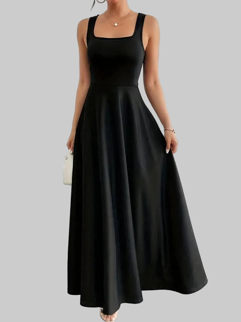 Damska Sukienka Maxi z Kwadratowym Dekoltem Szerokimi Ramiączkami i Rozkloszowanym Dołem