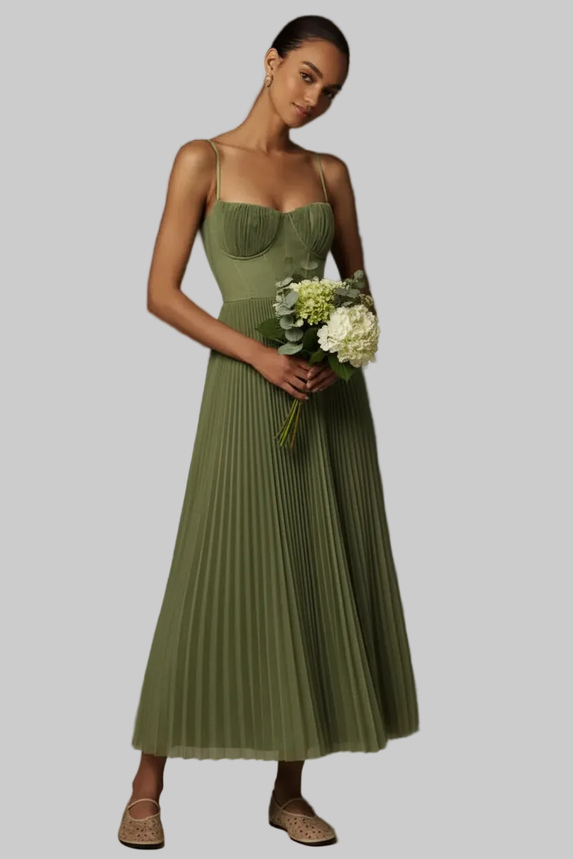 Damska Sukienka Maxi z Plisowaną Spódnicą i Gorsetową Górą na Cienkich Ramiączkach