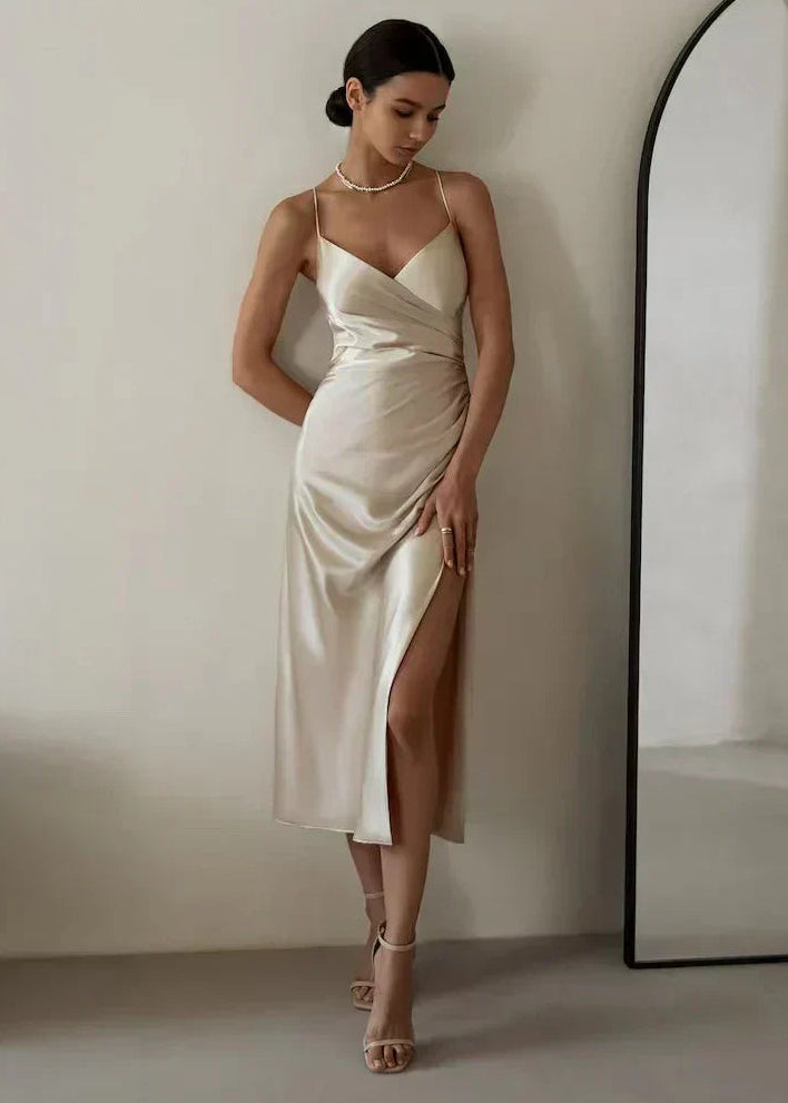 Damska Sukienka Midi Kopertowa na Ramiączkach z Dekoltem V i Rozcięciem