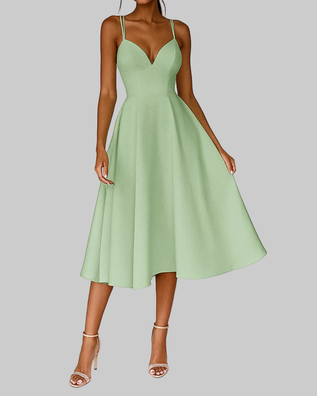 Damska Sukienka Midi na Cienkich Ramiączkach z Dekoltem w Kształcie Serca i Rozkloszowaną Spódnicą