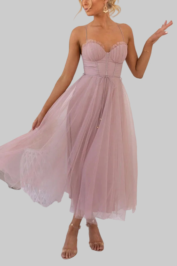 Damska Sukienka Midi na Ramiączkach z Gorsetowym Stanikiem i Tiulową Spódnicą