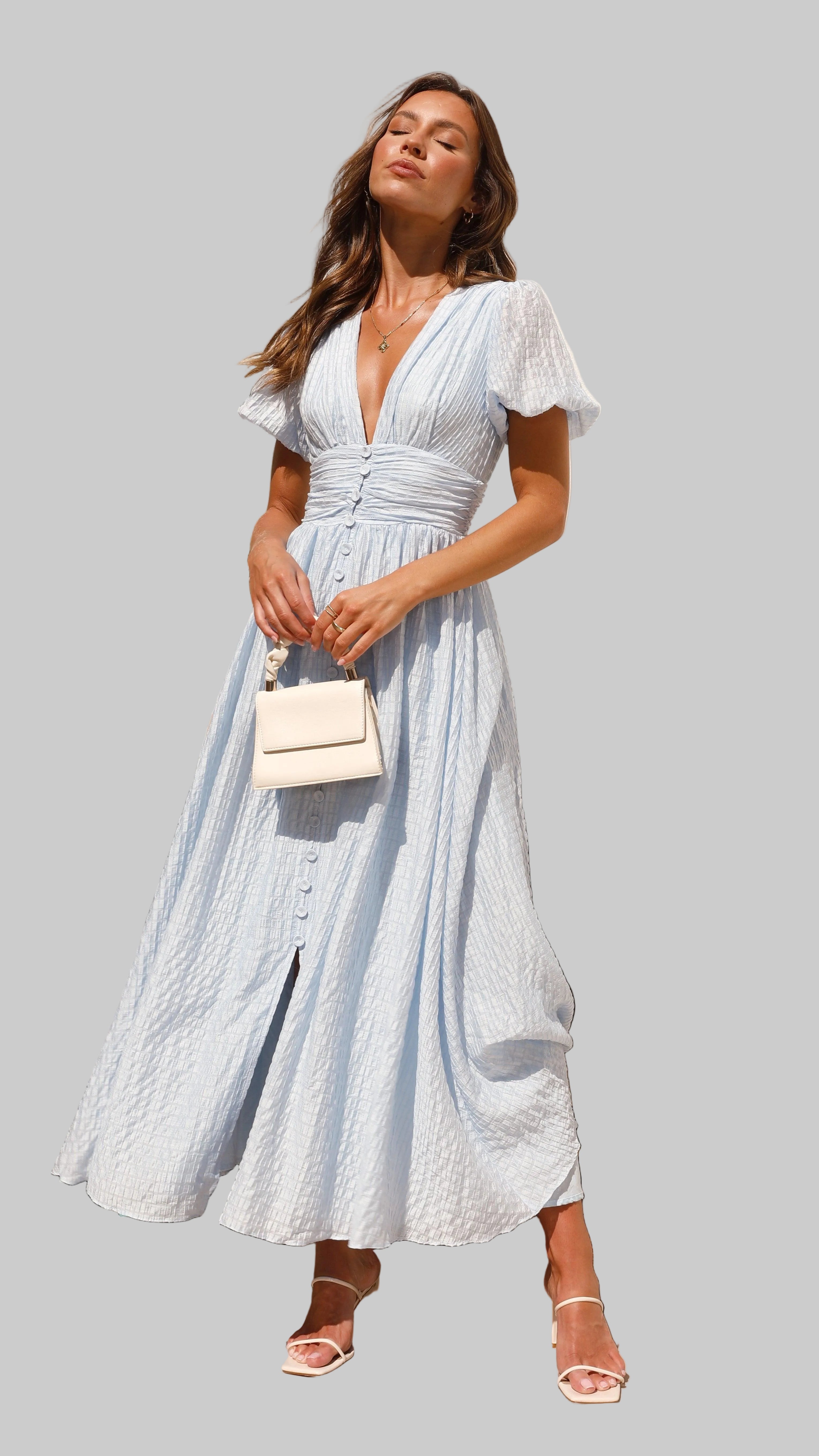 Damska Sukienka Midi z Dekoltem V z Bufiastymi Rękawami i Zapięciem na Guziki