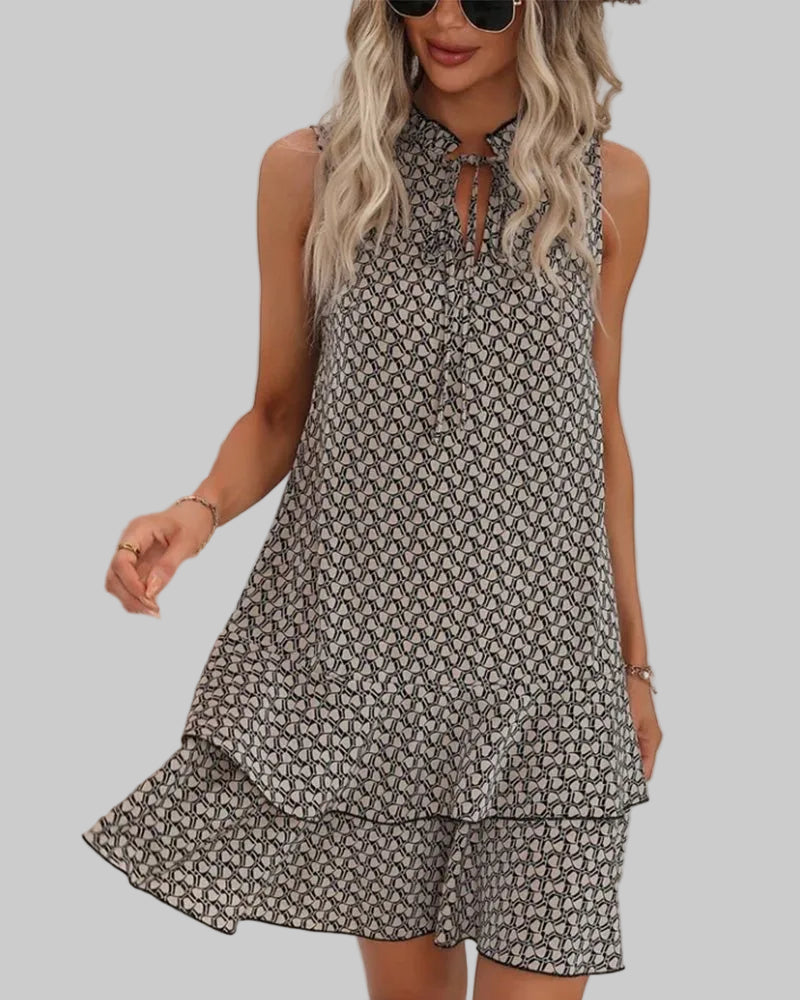 Damska Sukienka Mini bez Rękawów z Falbanami i Wzorem Geometrycznym
