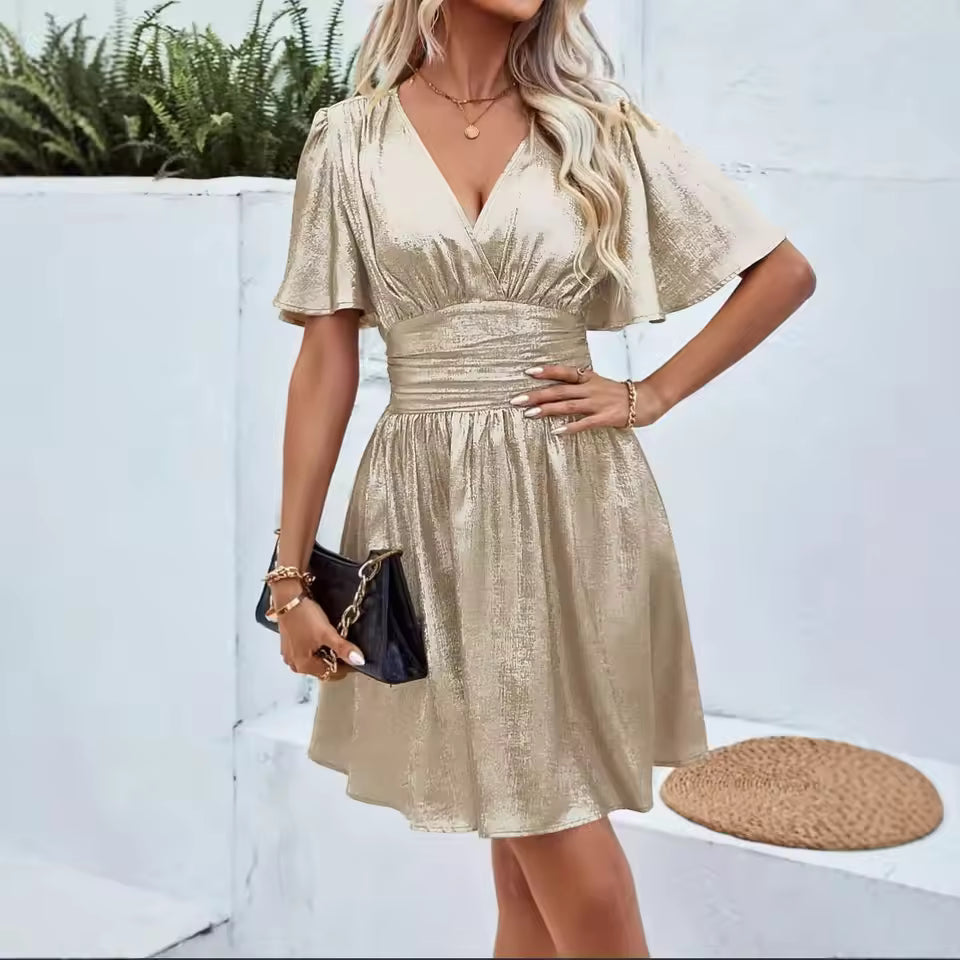 Damska Sukienka Mini z Dekoltem V Falbaniastymi Rękawami i Marszczoną Talią