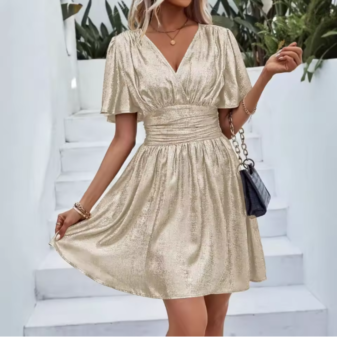 Damska Sukienka Mini z Dekoltem V Falbaniastymi Rękawami i Marszczoną Talią