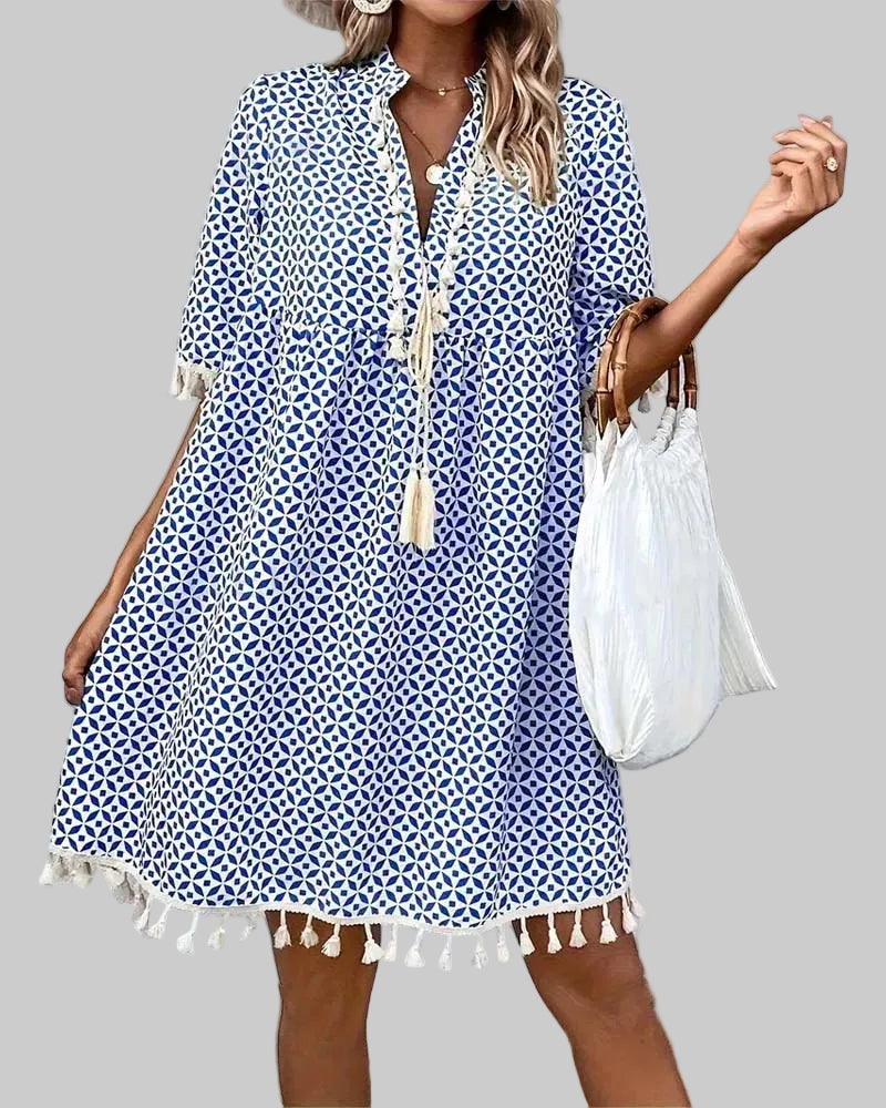 Damska Sukienka Mini z Nadrukiem Geometrycznym z Dekoltem V i Frędzlami